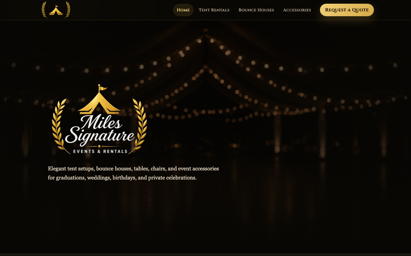 Desktop homepage for Miles Signature Events and Rentals